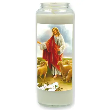 Noveenkaars in glas / wit / De goede Herder