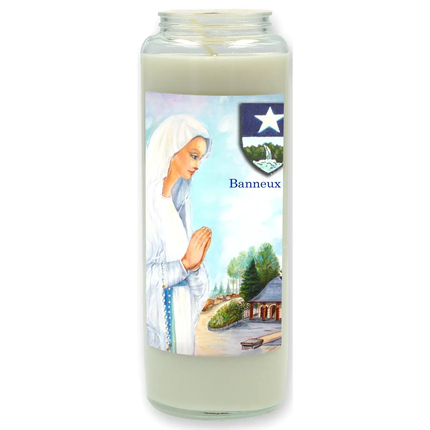 Noveenkaars in glas / wit / Banneux + Logo