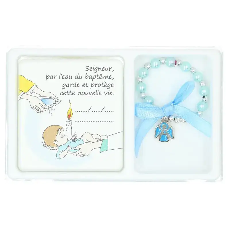 Set bracelet bleu sur élast + cadre baptême + Boîte