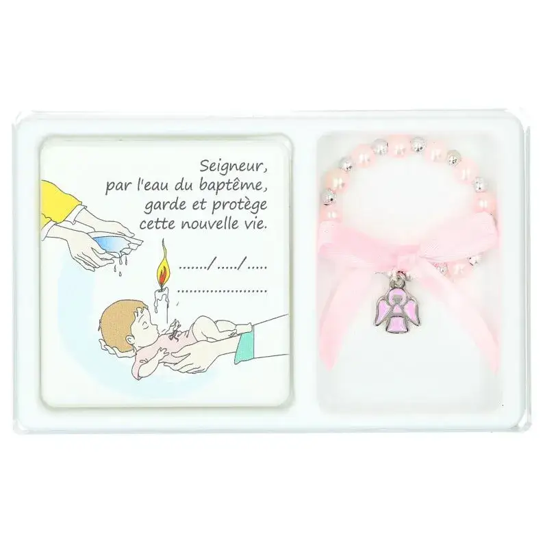 Set bracelet rose sur élast + cadre baptême + Boîte