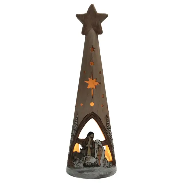 Ceramic Christmas tree with Nativity scene, 28 cm, sepia