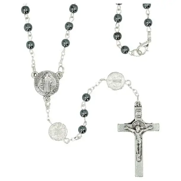 Mini chapelet St Benoit hématite + mousqueton + boîte coeur