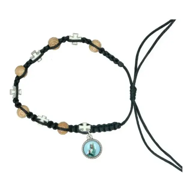 Armband op koord Houten kralen - Kruisje email + med. - Kl. ass.