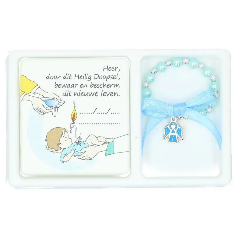 Set bracelet bleu sur élast + cadre baptême + Boîte