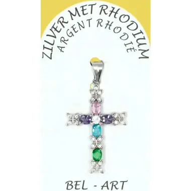 Pendentif croix argent avec zircons multicolores 25 x15 mm
