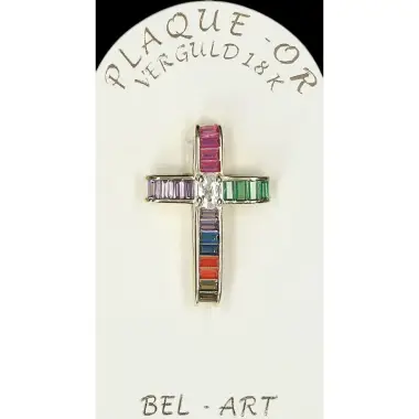 Croix plaqué or avec strass multicouleurs 25 x 15 mm