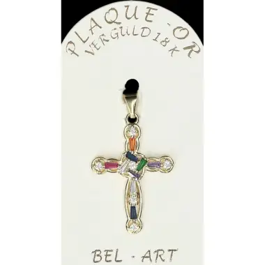 Croix plaqué or avec strass multicouleurs 24 x 18 mm