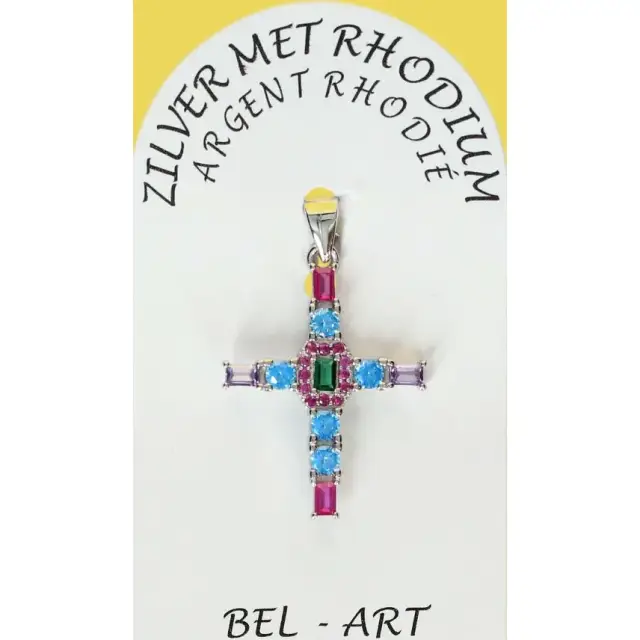 Zilver kruis hanger met veelkleurig zirkonen 24 x19 mm