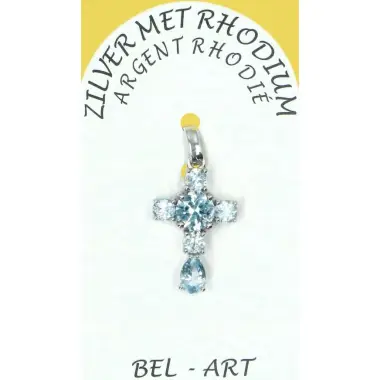 Croix en argent rhodié avec zirconium bleu 20 x 12 mm
