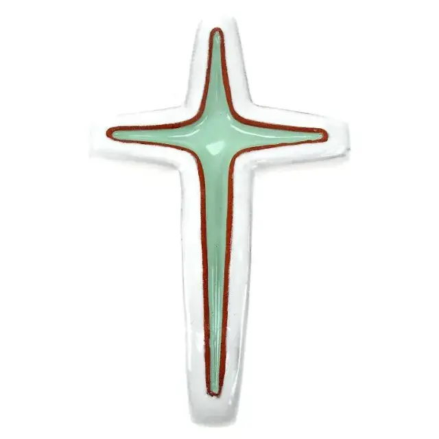 Croix Ceramique 13.5 X 9 Cm Blanc + Vert Pastel