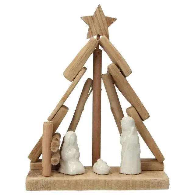 Crèche de Noël en bois avec personnages blancs en porcelaine 23 cm