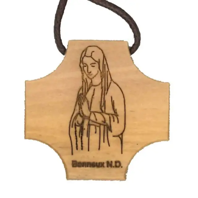 Hanger op koord - OLV Banneux - 3.2 X 3.2 cm - Olijvenhout