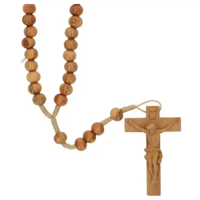 Chapelet sur corde en bois d’olivier – crucifix sculpté