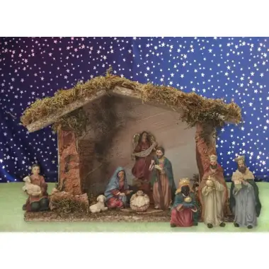 Crèche de Noël : cabane + 11 personnages de 7 cm (30x15x19cm)