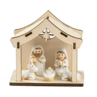 Kerststal met 5 figuren 5 cm en licht (10.4 X 6.4 X 9.7 cm)