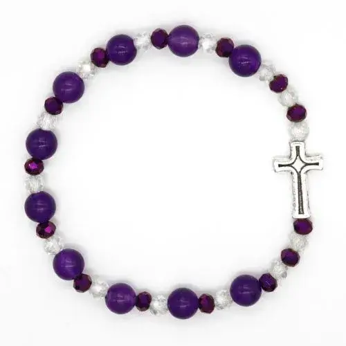 Bracelet sur élastique avec grains en pierre Jade mauve + croix