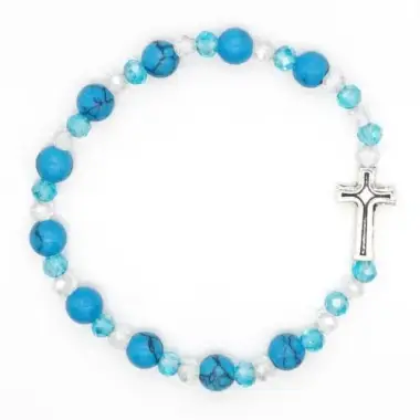 Bracelet sur élastique avec grains en pierre Turquoise + croix