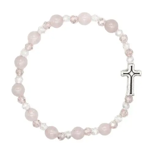 Bracelet sur élastique avec grains en pierre Agate rose + croix