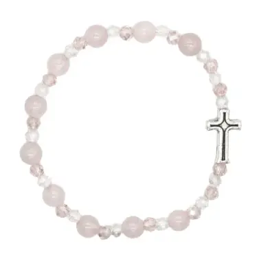 Bracelet sur élastique avec grains en pierre Agate rose + croix