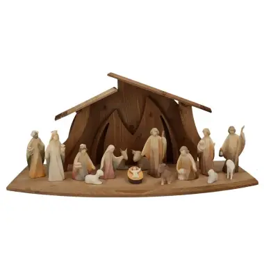 Crèche de Noël en bois - 15 personnages couleurs pastelles de 13 cm avec étable