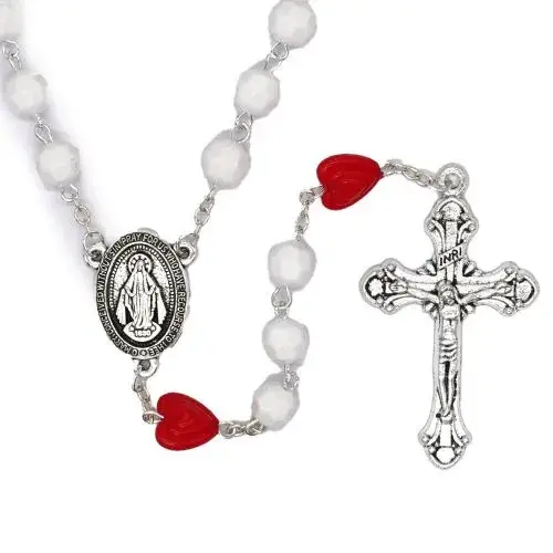 Rosary with 8mm white beads and 11mm red hearts