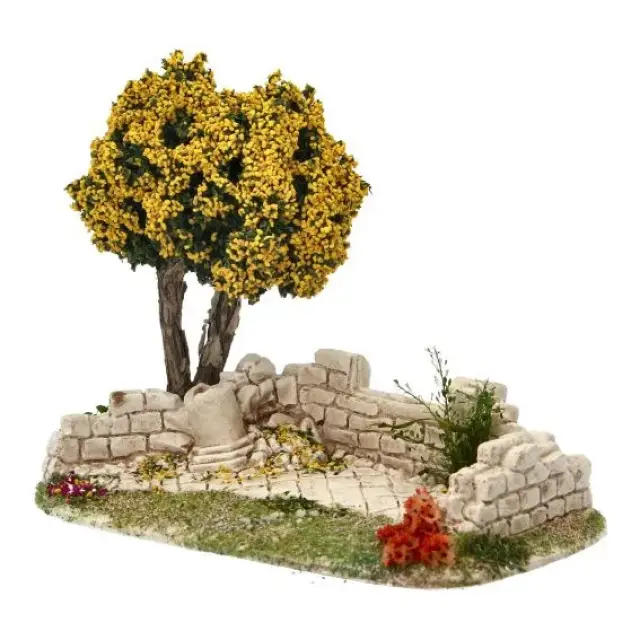 Décor pour santons de Provence Mur avec arbre mimosa 20 x 11 cm