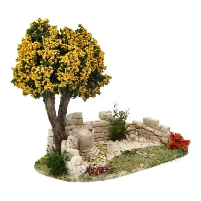 Décor pour santons de Provence Mur avec arbre mimosa 20 x 11 cm