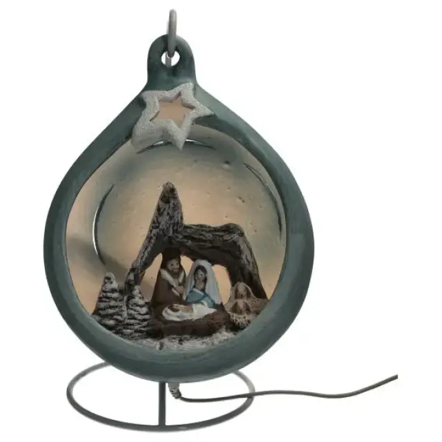 Christmas nativity in a blue-tinted ceramic christmasball + light 18cm