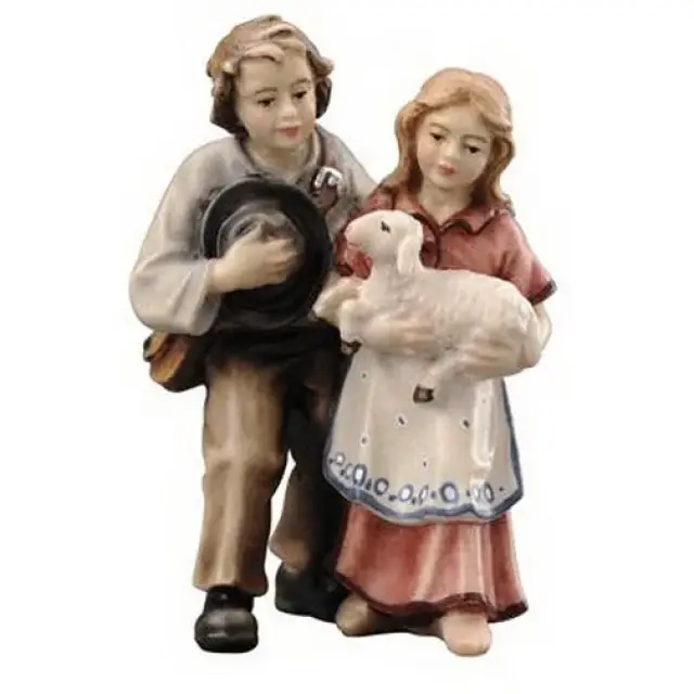 Houtsnijwerk 2 Kinderen 12 Cm / Gekleurd