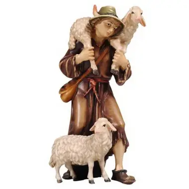 Houtsnijwerk Herder + 2 Schapen voor kerstfiguren van 12 cm / Gekleurd