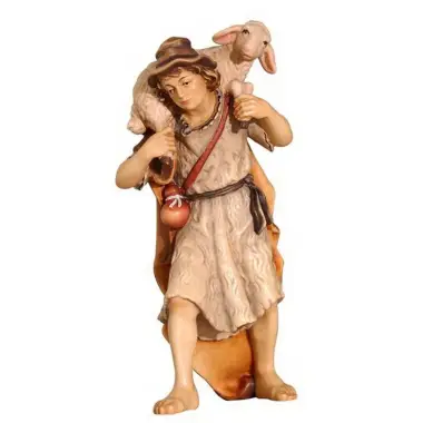 Houtsnijwerk Herder Schaap Op Schouder voor kerstfiguren van 12 cm / Gekleurd