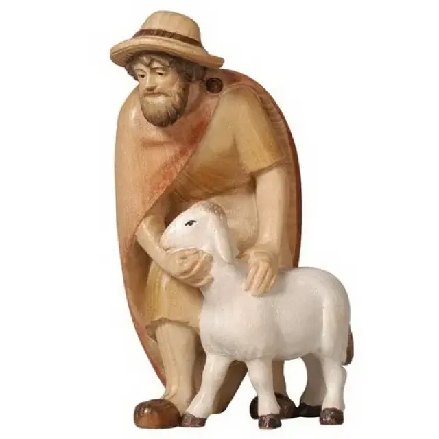 Shepherd with sheep: wood carving nativity scene Pema 12 cm