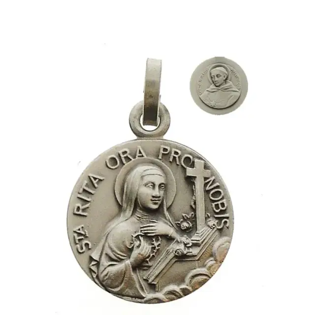 Médaille Ste Rita / St Nicolas de Tolentin - 14 mm - Métal Argenté