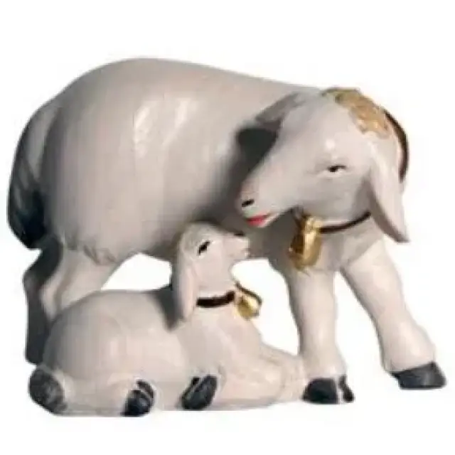 Mouton + agneau couché avec cloche : crèche de Noël en bois Pema 12 cm