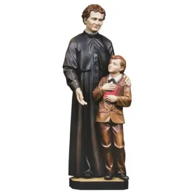 Houtsnijwerk beeld Don Bosco en Dominique Savio 23 cm gekleurd