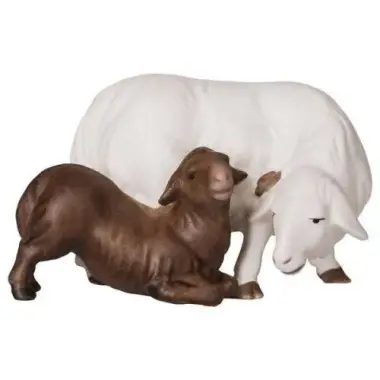 Houtsnijwerk schaap met bruin lammetje voor kerstfiguren van 16 cm gekleurd