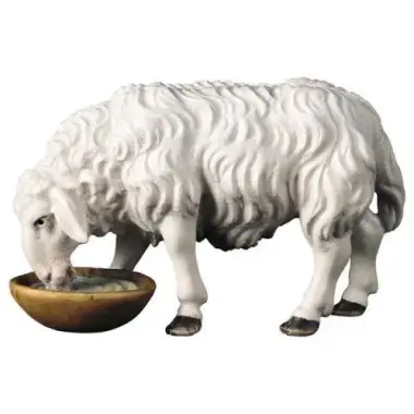 Houtsnijwerk schaap drinkend 10 cm gekleurd