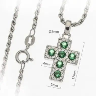 Croix 17 mm argent rhodié avec zircons verts et chaîne