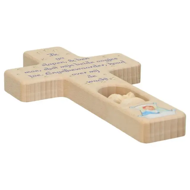 Croix en bois sculpté - 20 cm - Ik ga slapen - naturel