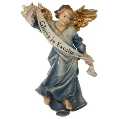 Engel Gekleurd / Blauw : houtsnijwerk kerstgroep Ulrich 15 cm