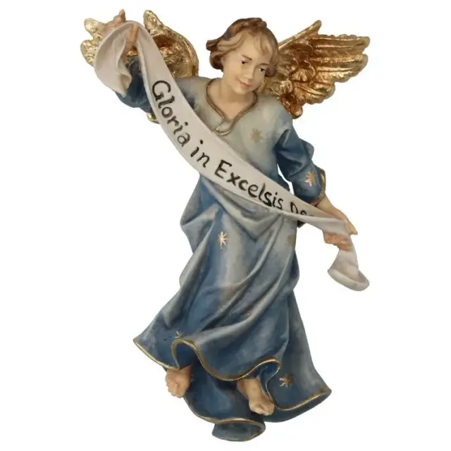 Engel Gekleurd / Blauw : houtsnijwerk kerstgroep Ulrich 15 cm