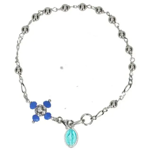 Bracelet-dizainier - argent rhodié 4 mm - Méd Mir. + Croix strass + Etui