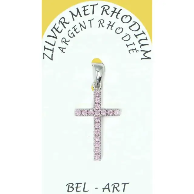 Croix Argent Rhodié - Strass roses 20 X 13 mm
