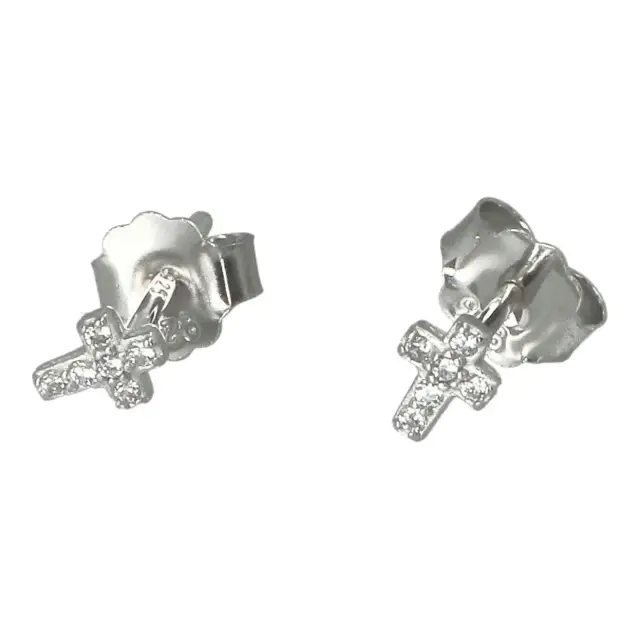 Zilveren kruis oorbellen met strass