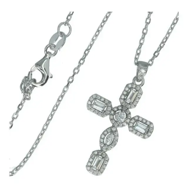 Chaine + croix strass argent rhodié