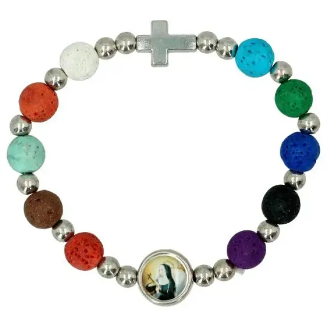 Bracelet s/élast - Grains pierres diifér. coul. + méd. Ste Rita