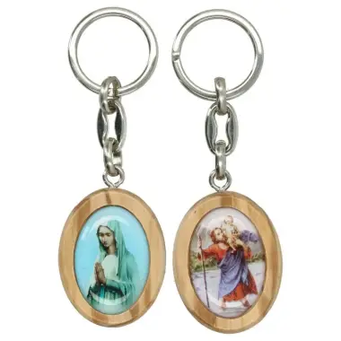 Porte-Clefs Vierge priante / St Christophe Bois d'olivier