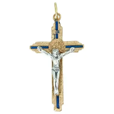 Croix St Benoît - 40 mm - Métal doré émail bleu