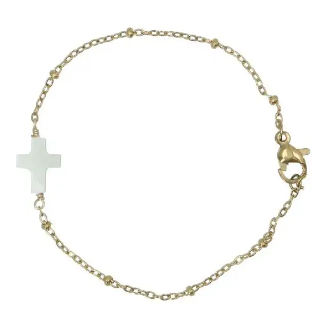 Verguld stalen armband met parelmoer kruis