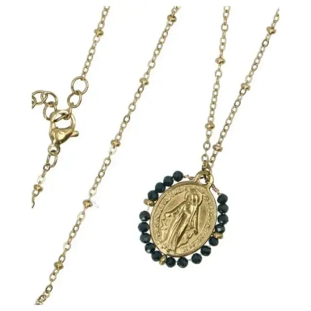 Stalen ketting met Wonderbare Medaille en gekleurde kristallen kralen